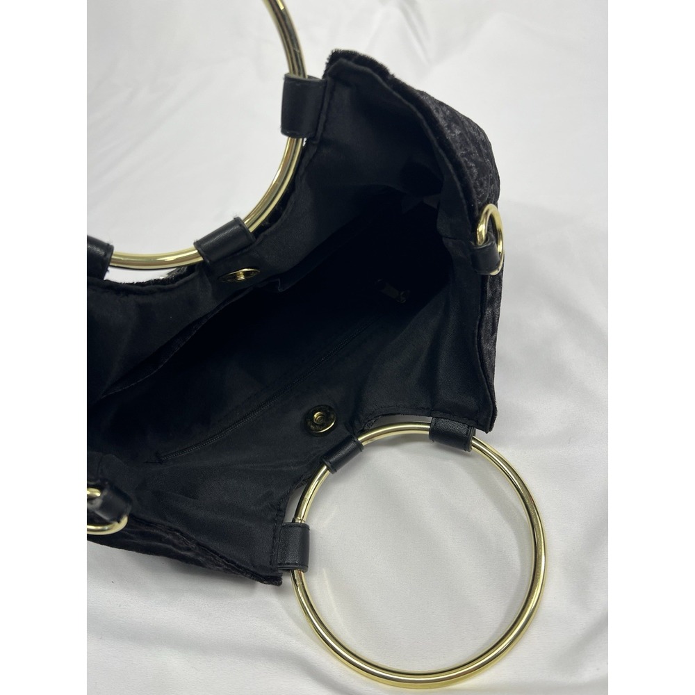Black Velvet Quilted Handbag Purse With Faux Pearls With Gold Spring Handles - Picture 5 of 7